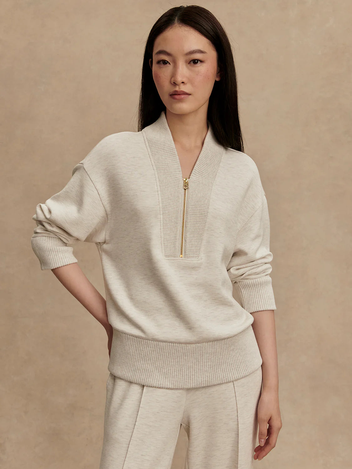 Sally Half Zip/Wide Leg Pant - Ivory Marble