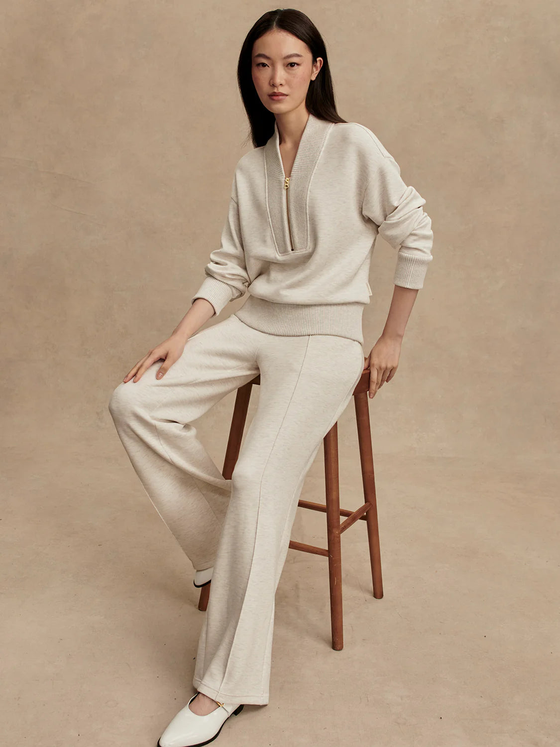 Sally Half Zip/Wide Leg Pant - Ivory Marble