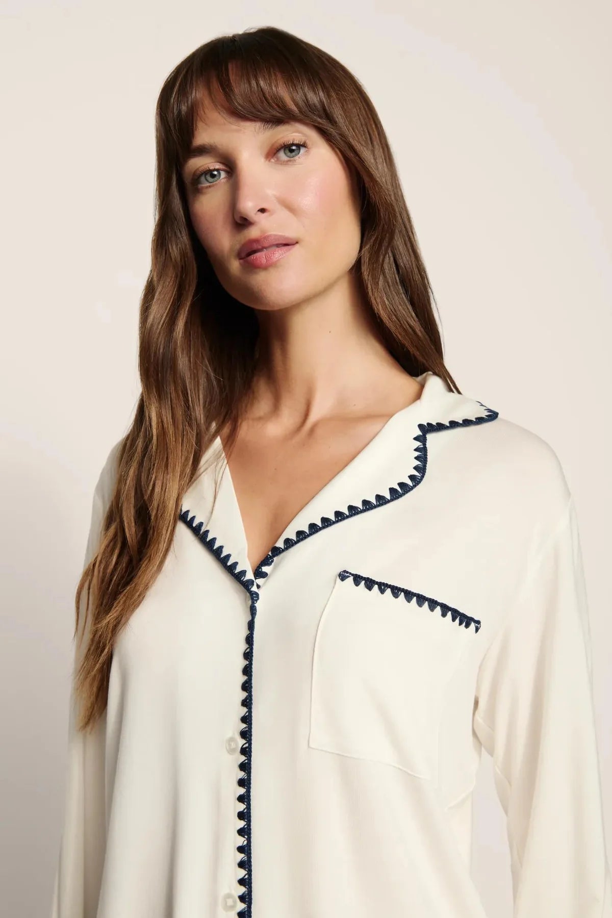 Frida Long PJ Set - Ivory/Navy