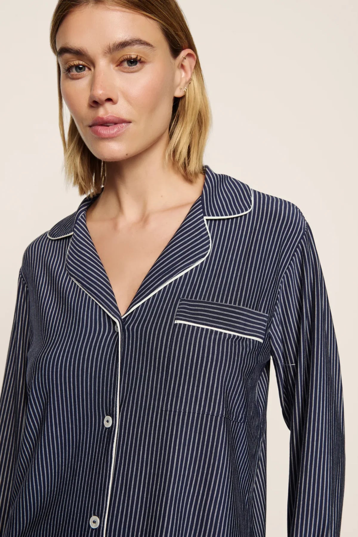 Gisele Long Printed PJ - Duo Stripes Navy/Ivory