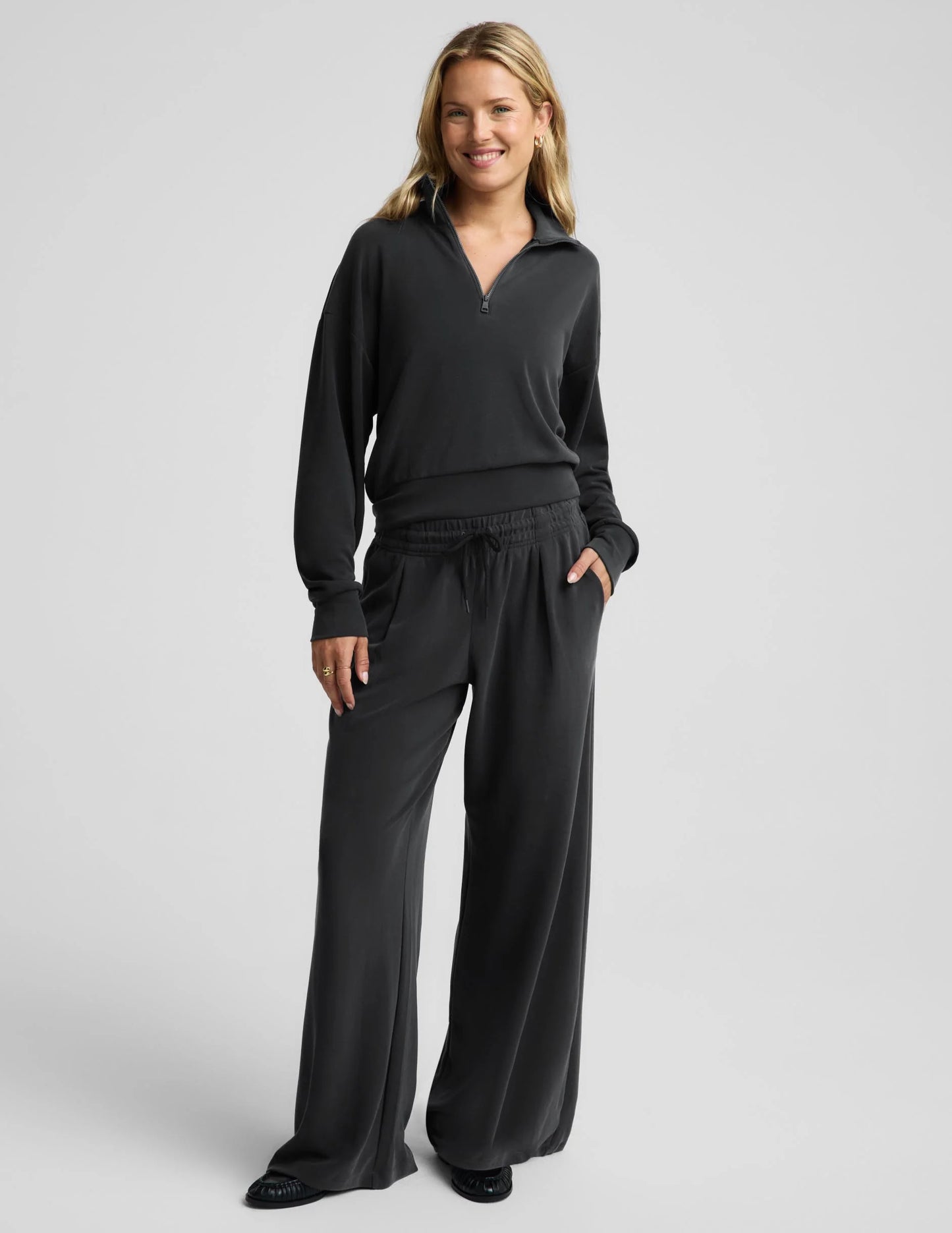 Luxe Sandwash Half Zip Pullover/Wide Leg Pant Set - Dark Charcoal