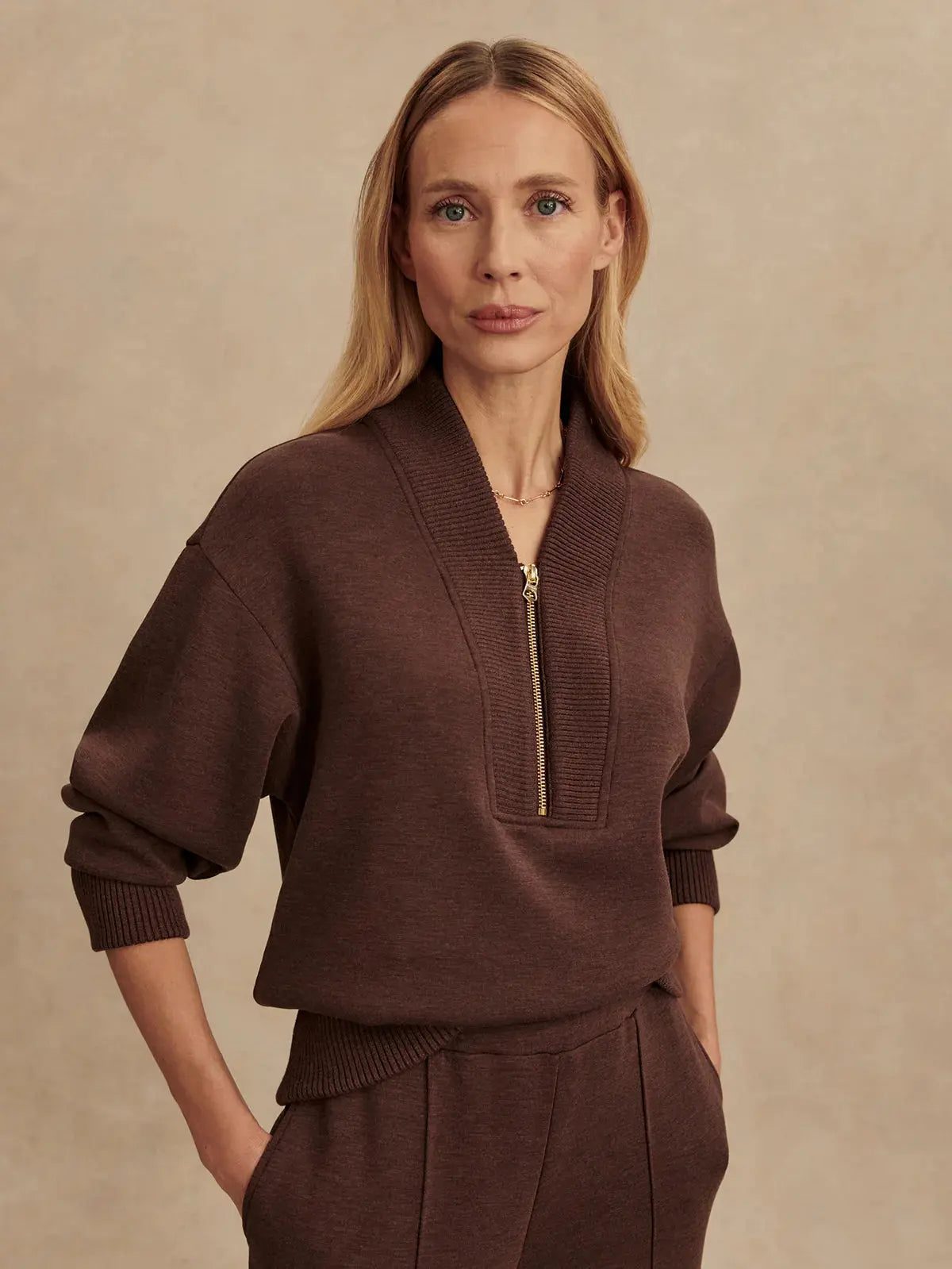 Sally Half Zip/Wide Leg Pant - Coffee Bean