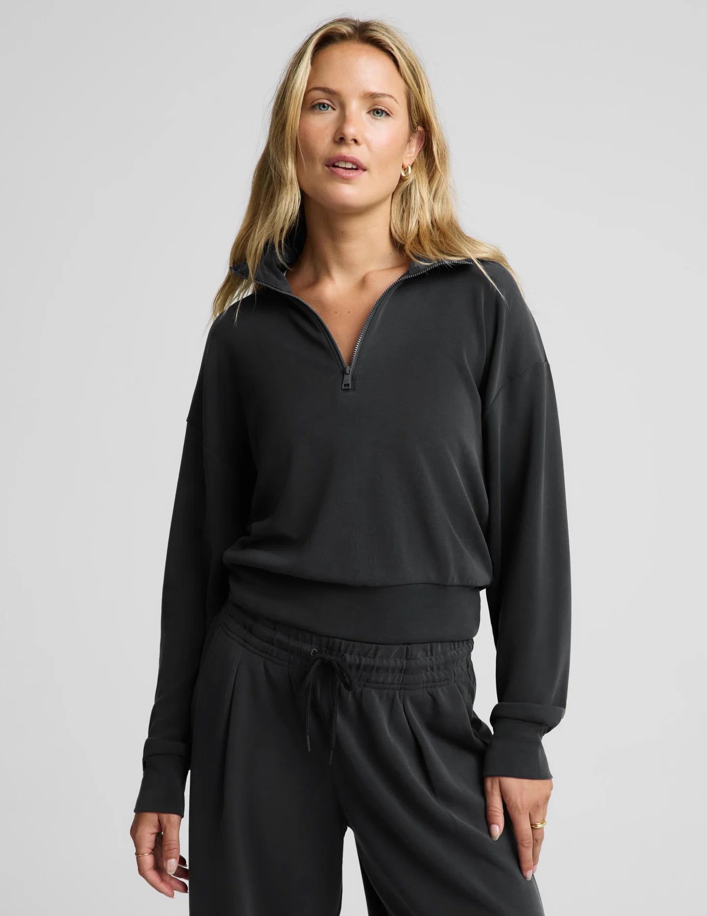 Luxe Sandwash Half Zip Pullover/Wide Leg Pant Set - Dark Charcoal