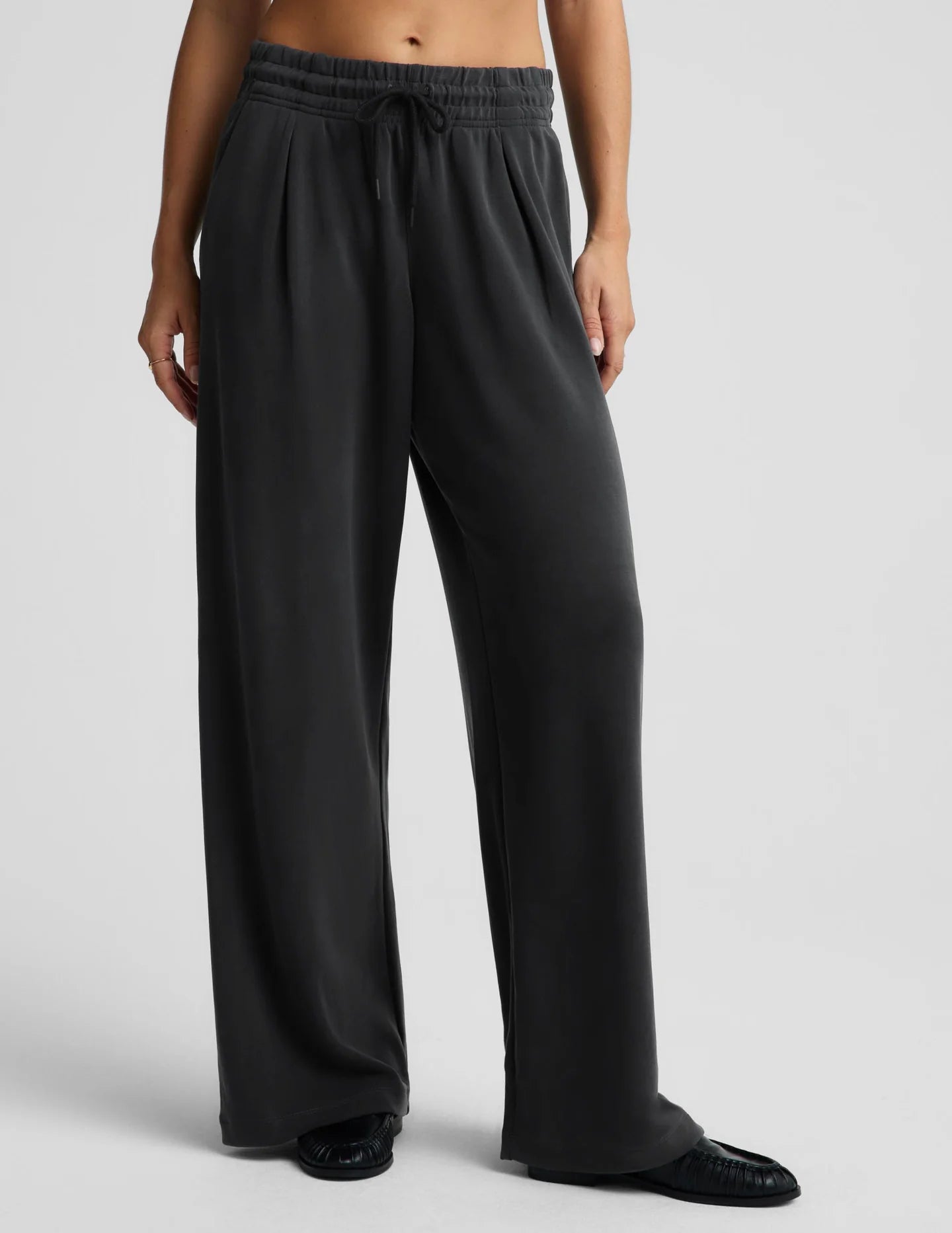 Luxe Sandwash Half Zip Pullover/Wide Leg Pant Set - Dark Charcoal