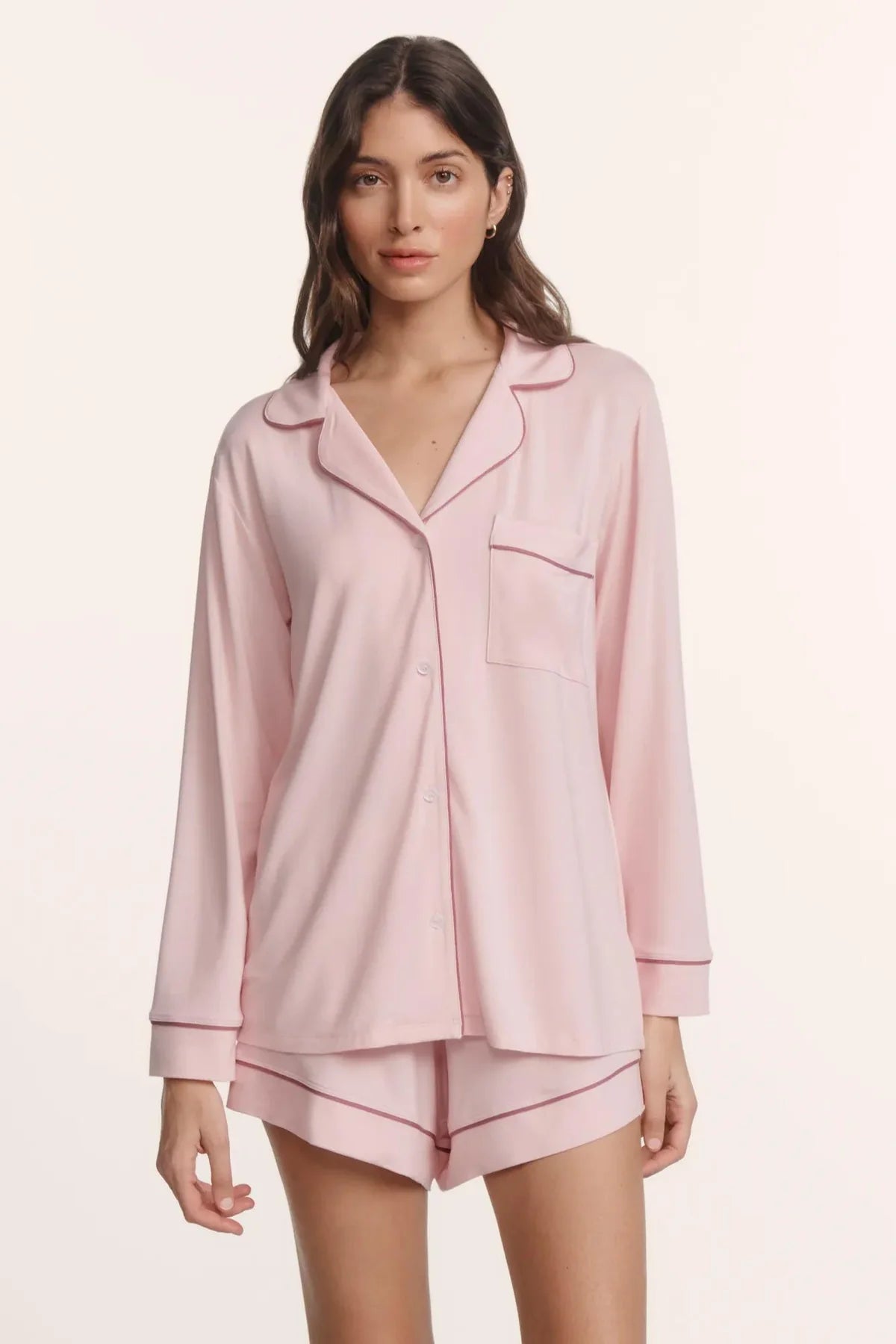 Gisele Long Slv/Short PJ Set - Pale Pink/Fig
