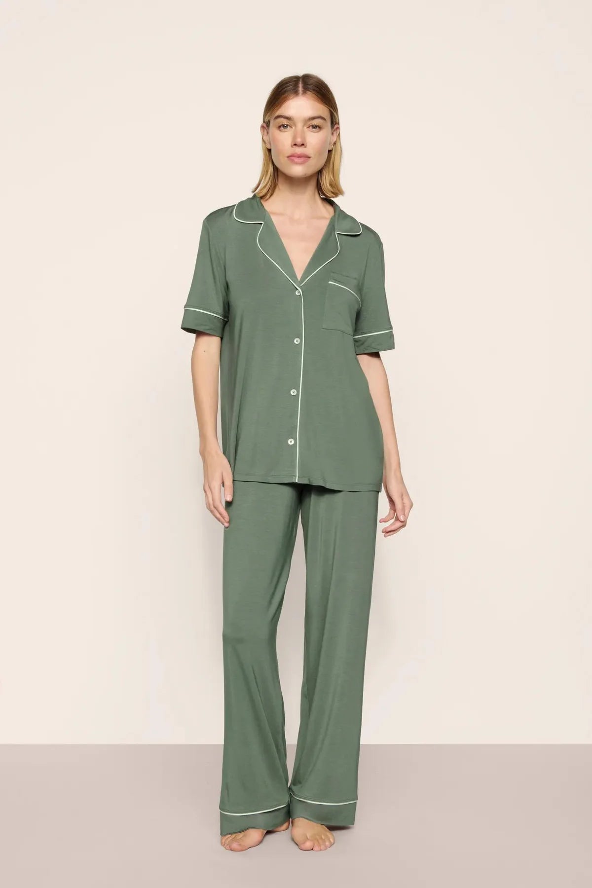 Gisele Short Slv Pant PJ Set - Desert Sage/Ivory
