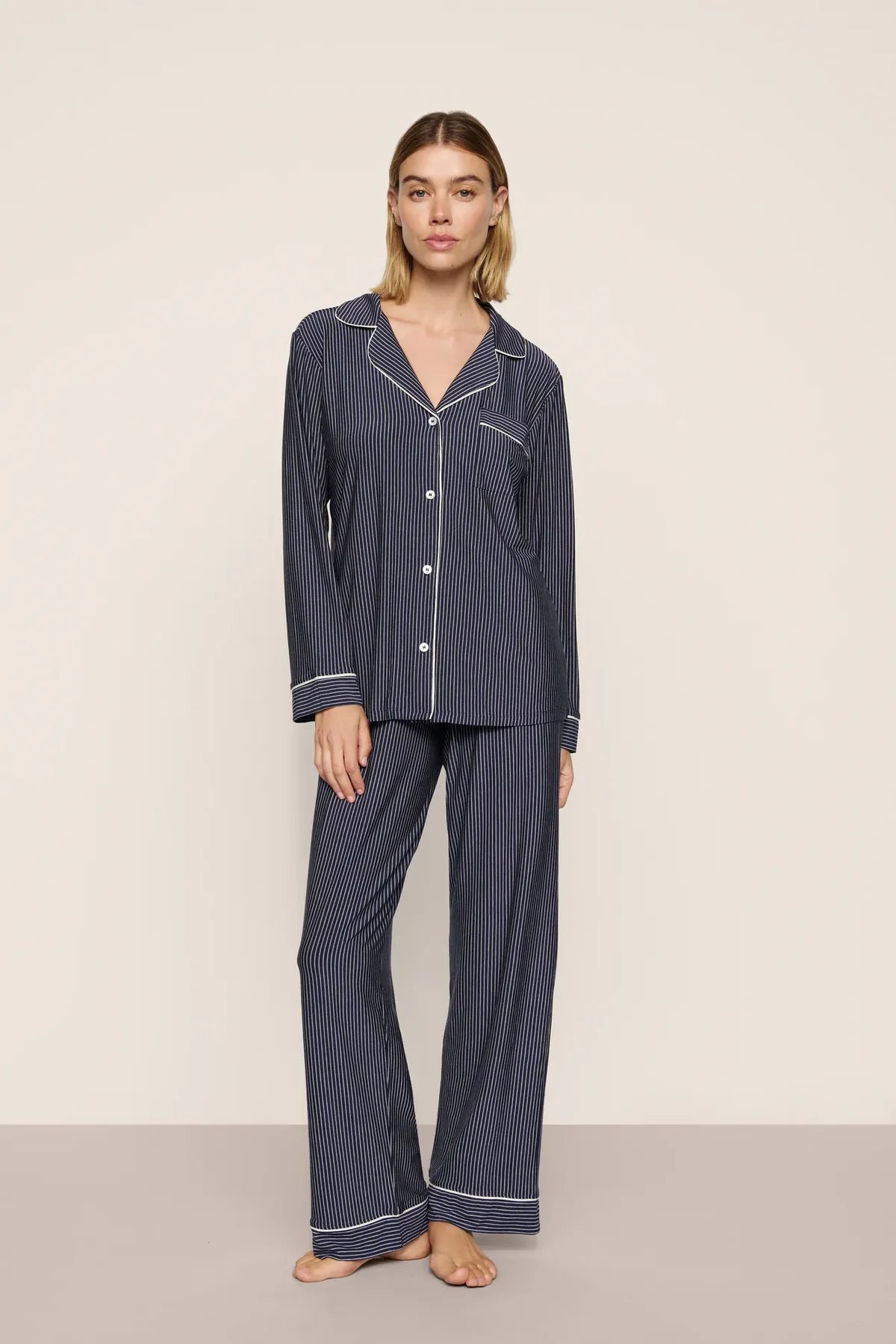 Gisele Long Printed PJ - Duo Stripes Navy/Ivory