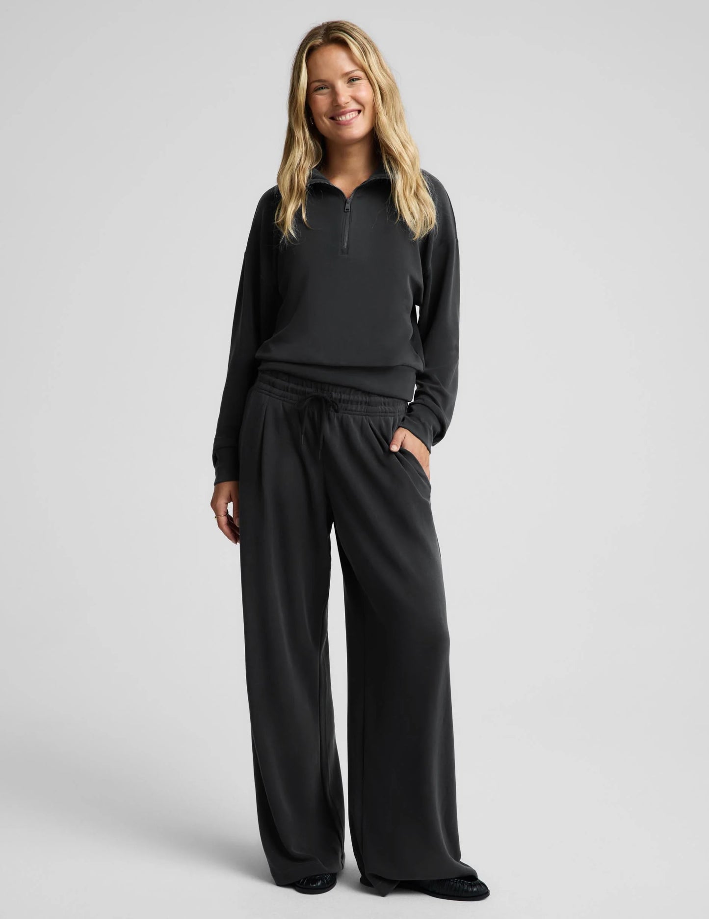 Luxe Sandwash Half Zip Pullover/Wide Leg Pant Set - Dark Charcoal