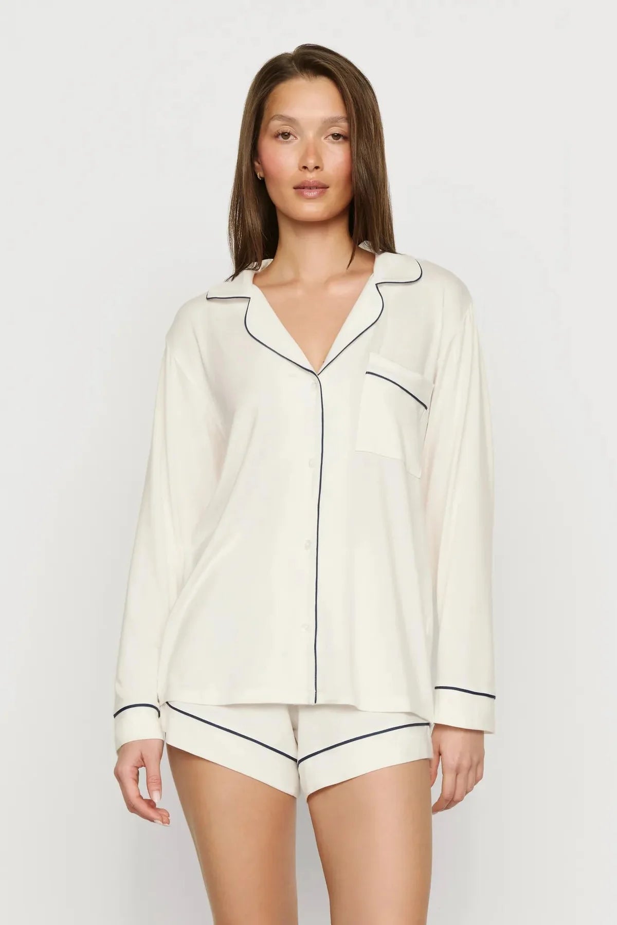 Gisele Long Slv/Short PJ Set - Ivory/Navy