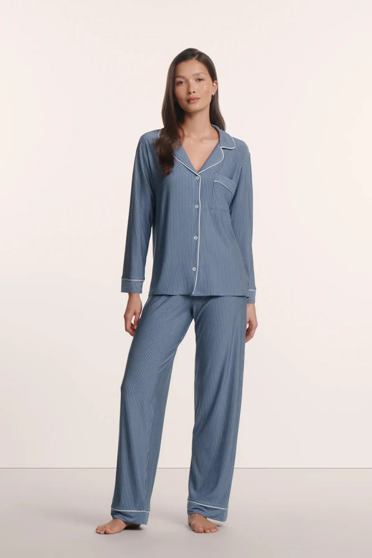 Gisele printed long PJ Set - Duo Stripe Slate Blue/Ivory