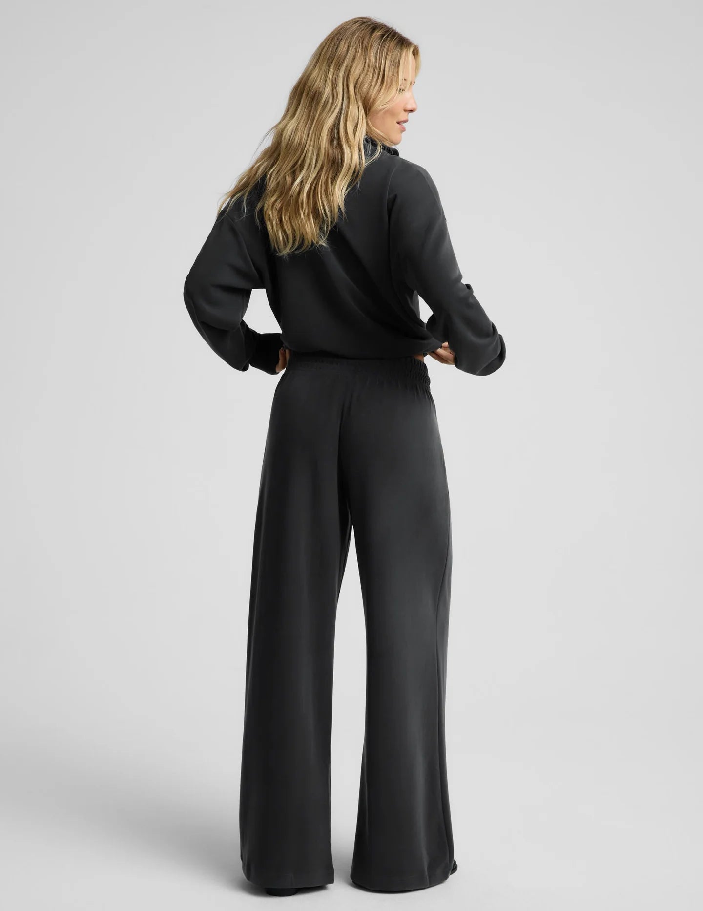 Luxe Sandwash Half Zip Pullover/Wide Leg Pant Set - Dark Charcoal