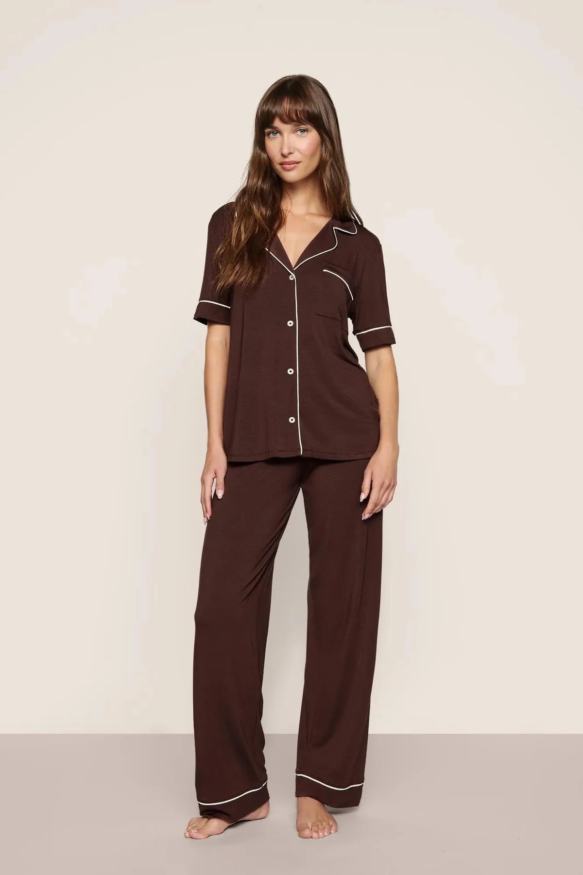 Gisele Short Slv/Pant PJ Set - Chocolate/Ivory