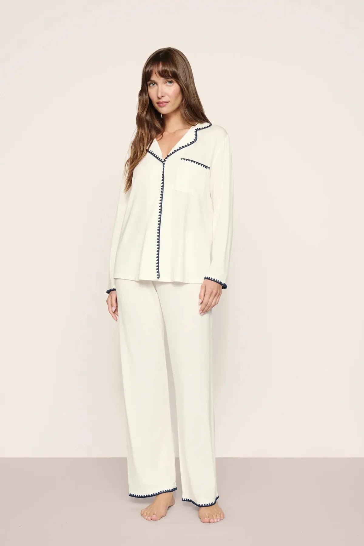 Frida Long PJ Set - Ivory/Navy