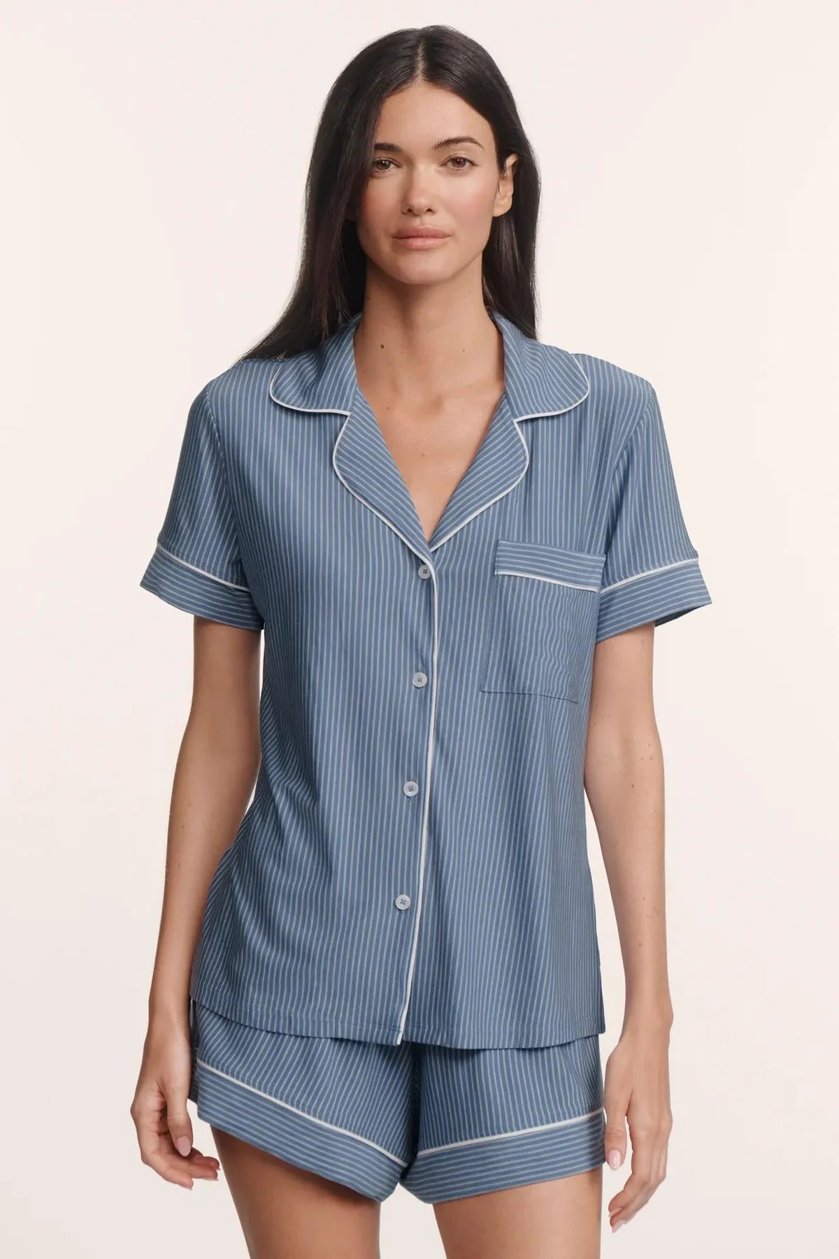 Gisele relaxed Printed Short Set - Duo Stripe - Slate Blue/Ivory