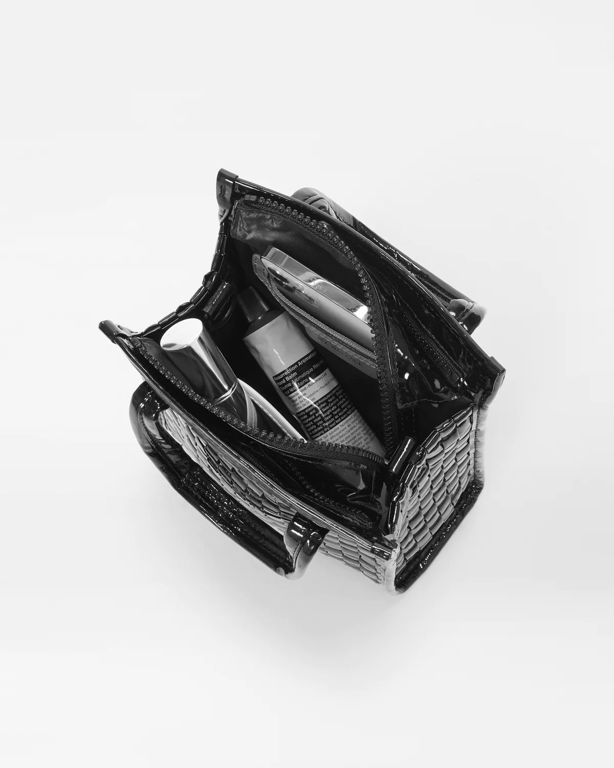 Micro Woven Box Tote- Black/Camel