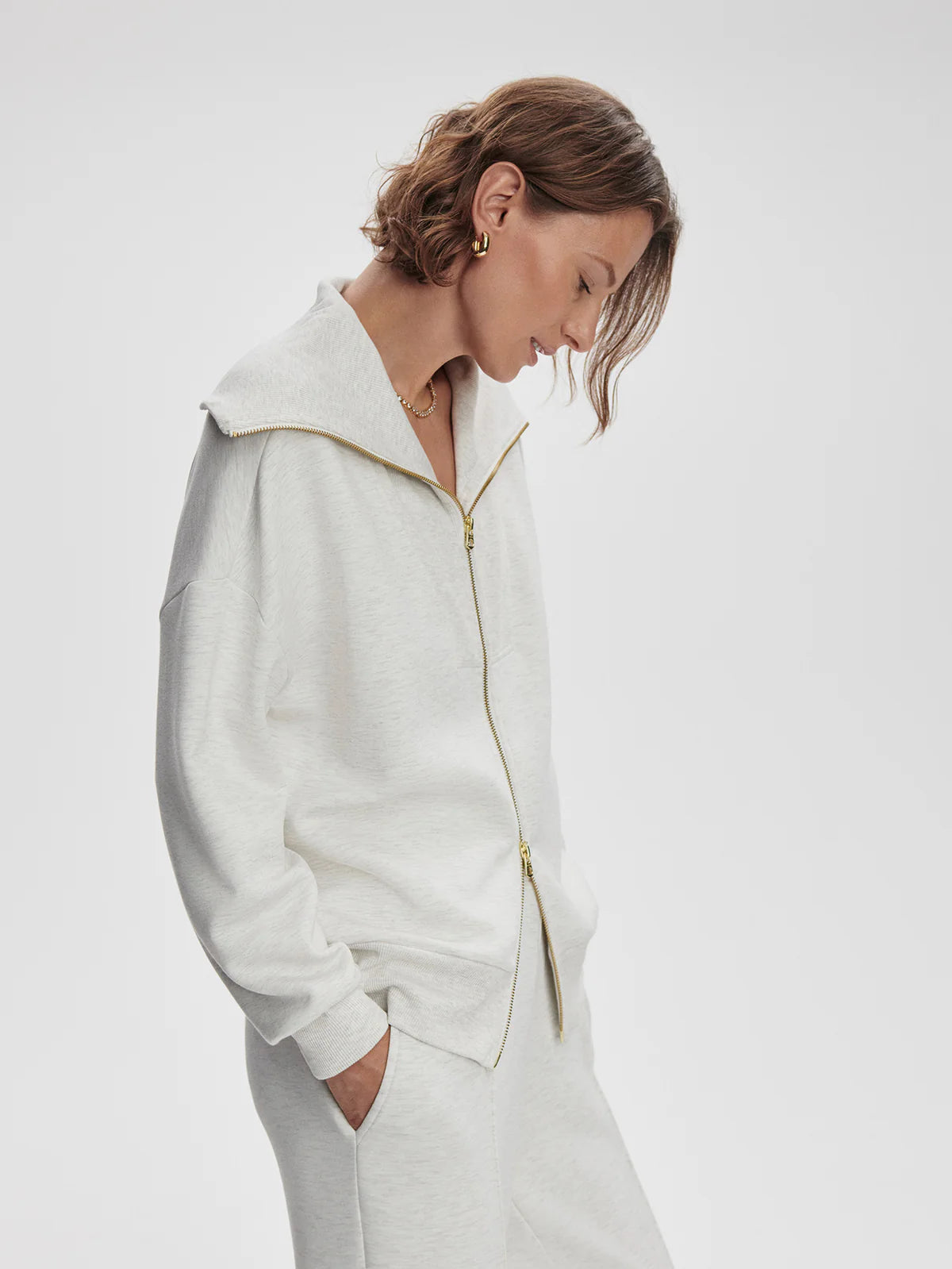 Halley Zip Through Sweat/Slim Cuff Pant - Ivory Marble