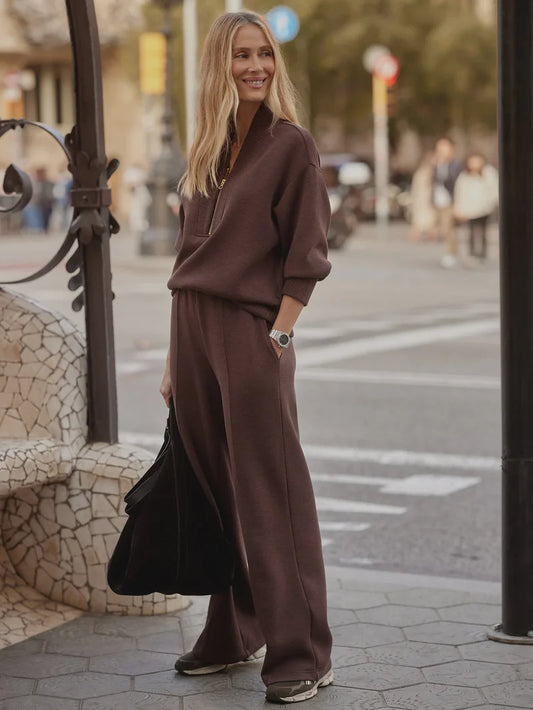 Hawley Half Zip/Wide Leg Pant - Coffee Bean