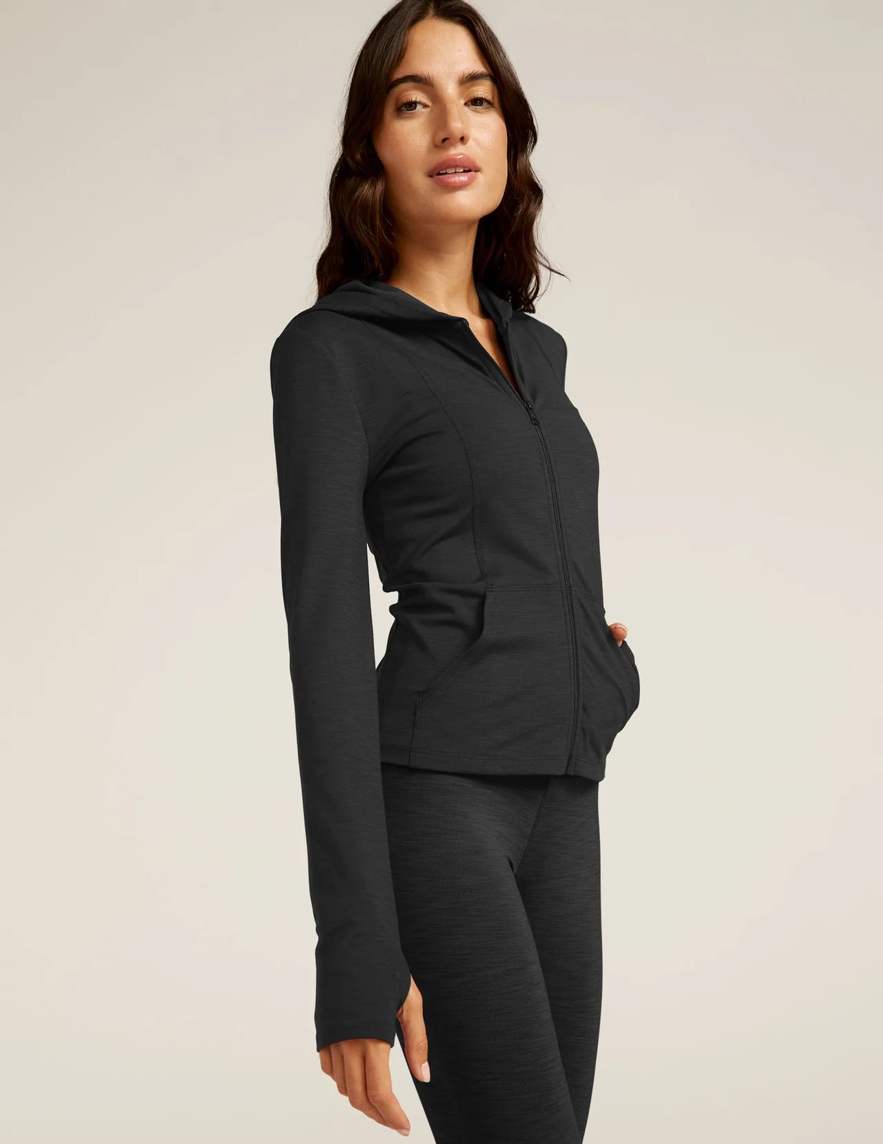 Heather Rib Hoodie - Black